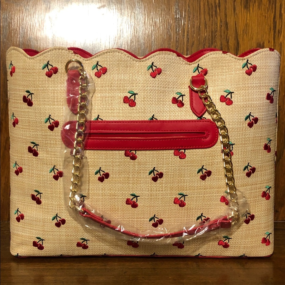 NWT-Betsey Johnson-Cherry🍒Embroidered-Large XO Tote-Woven Straw-Natural-$118 - Picture 6 of 16